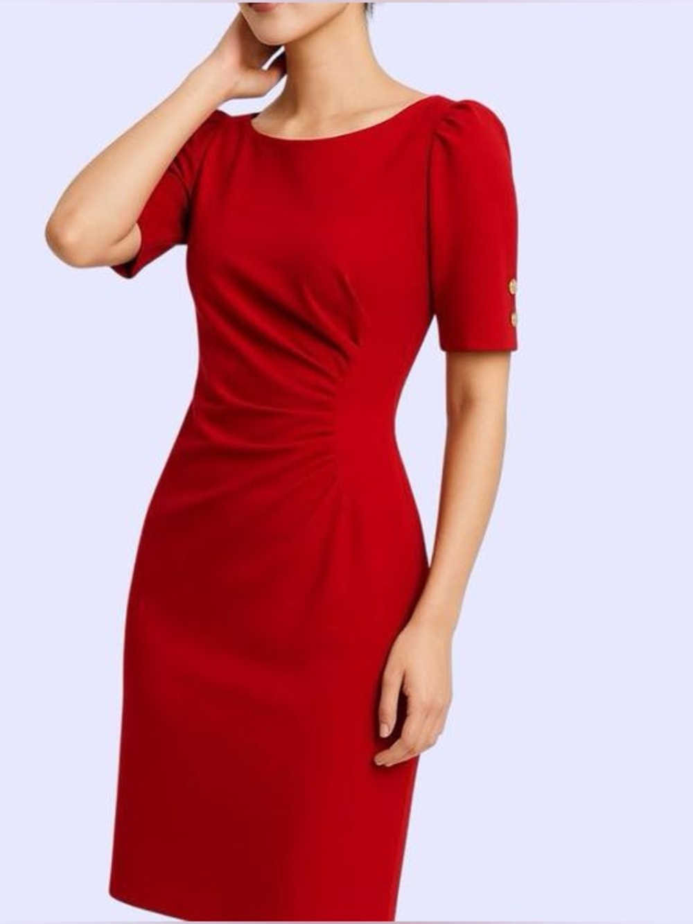 DKNY Red Sheath Dress with Gold Button Puff Sleeves & Side Ruching | NWT